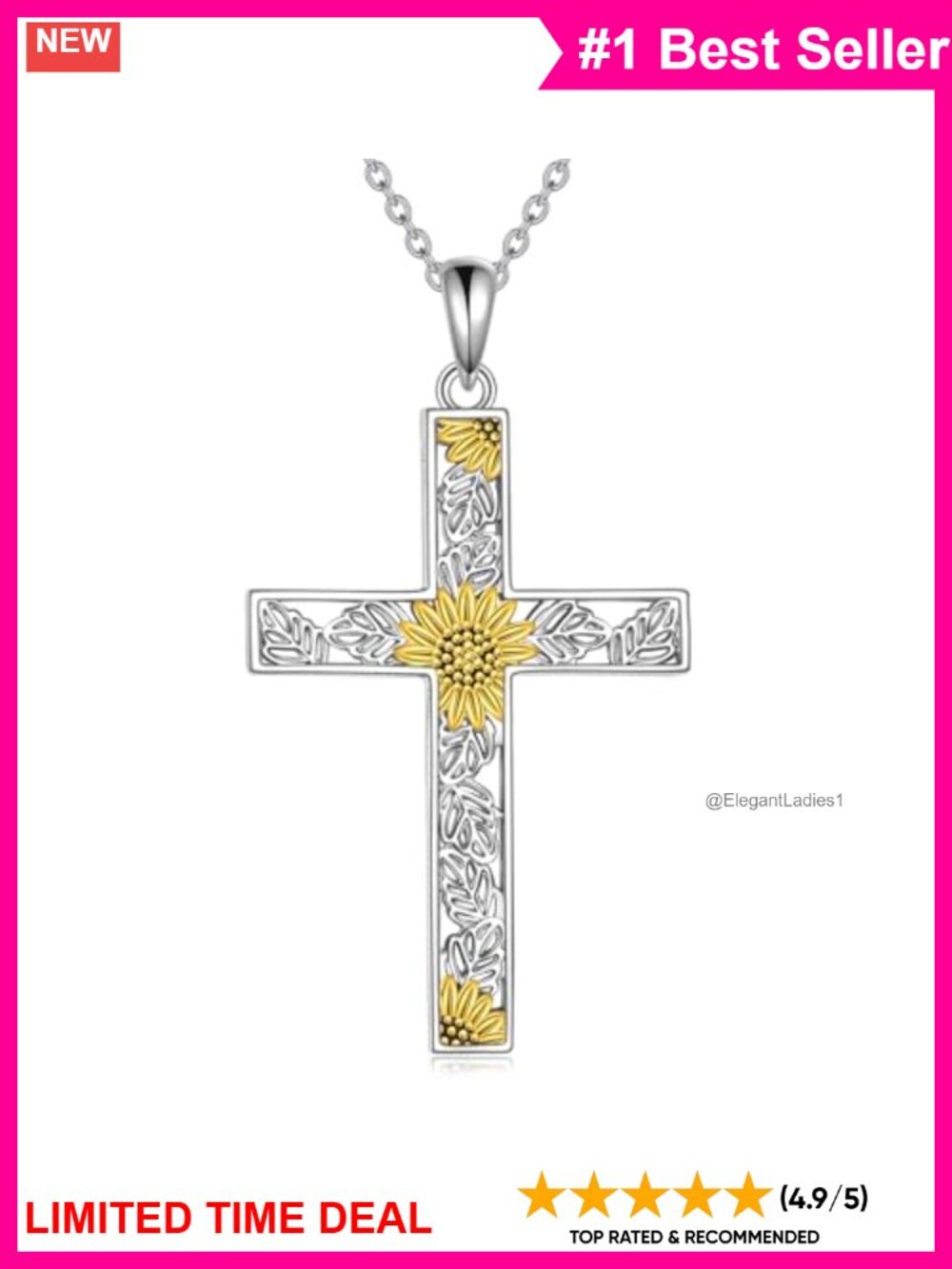 Sterling Silver Sunflower Cross Pendant Necklace 925 Hypoallergenic Gift